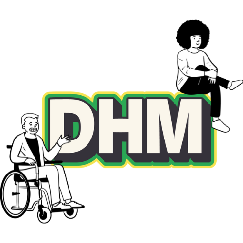 DHM Sticker - DHM logo with two people sat beside