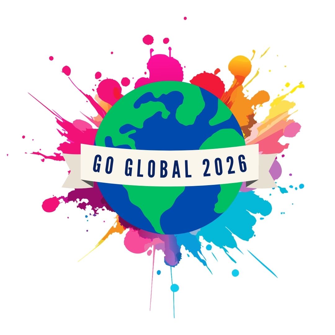 a banner with the words Go Global 2026 in front of a drawing of earth