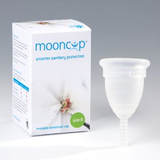 A Mooncup box photographed against a grey background