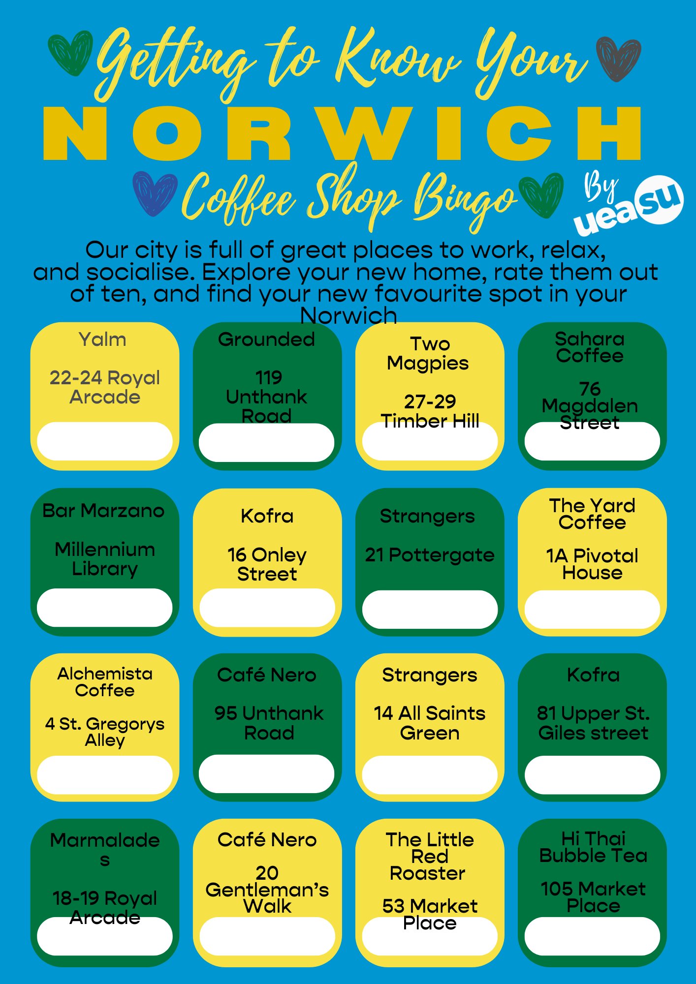 flyer with list of all the coffee shops in Norwich