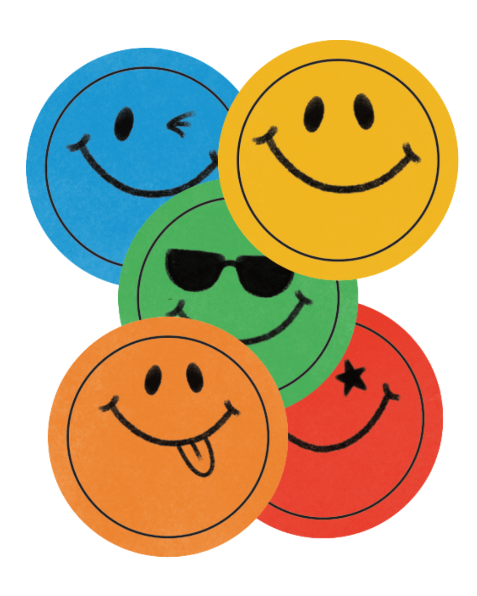 five different colour smiley faces