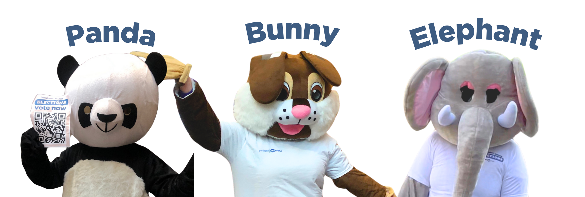 the panda, bunny, and elephant mascots