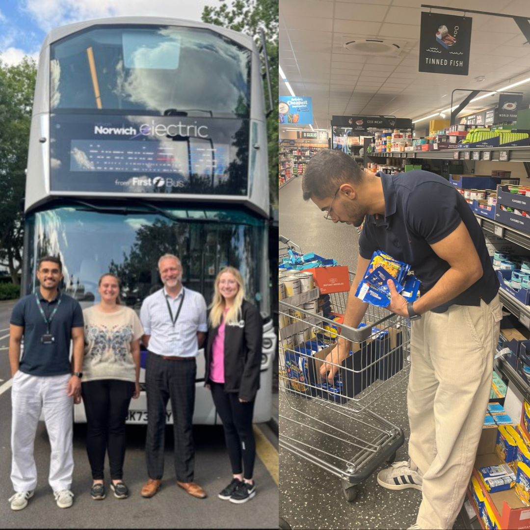 a picture of Amjad and Olivia in front of a bus next to a photo of Amjad shopping at Aldi